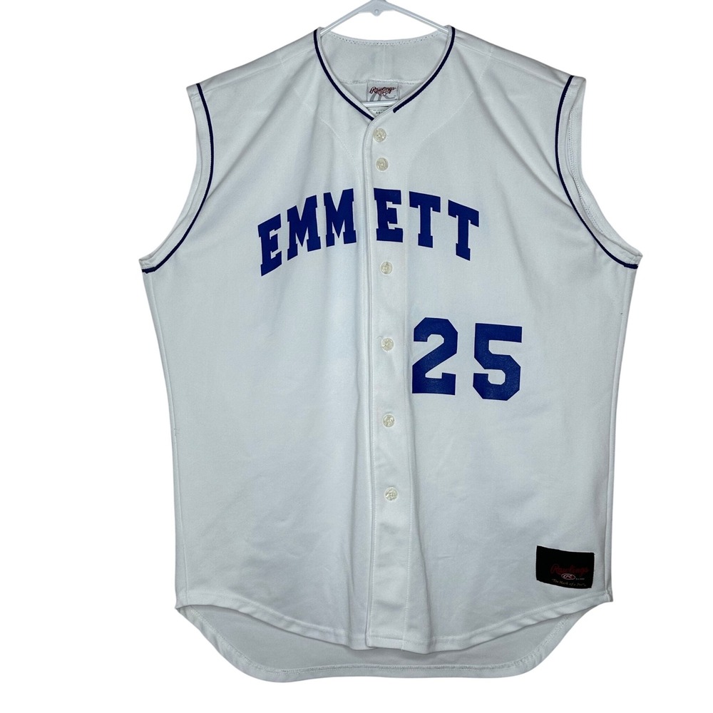 Rawlings Emmett 25 Sleeveless Baseball Jersey XL White Blue "The Mark of a‎ Pro"